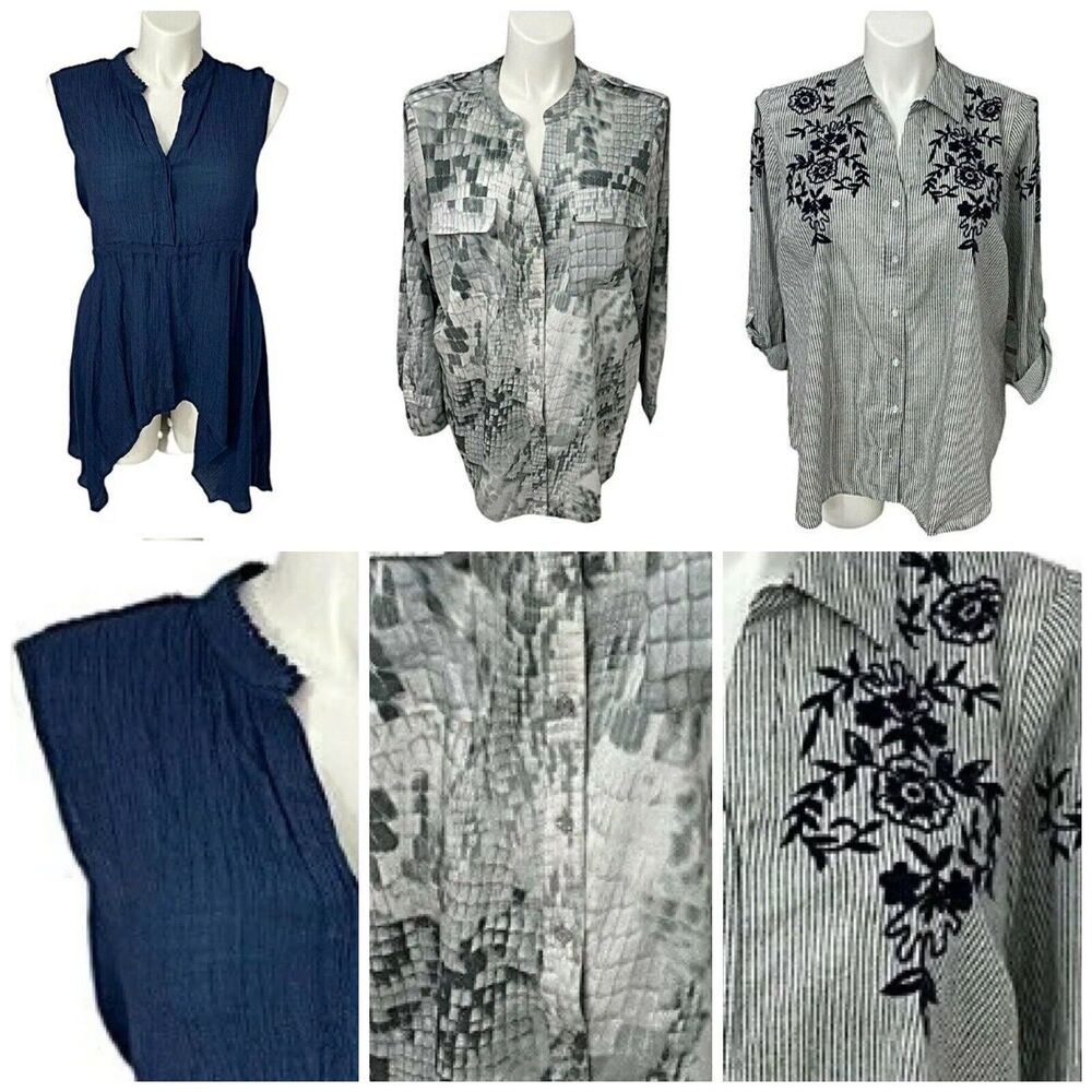 Calvin Klein Top Womens 2X Lot Striped Floral Embroidery Blue Gray Collar Work